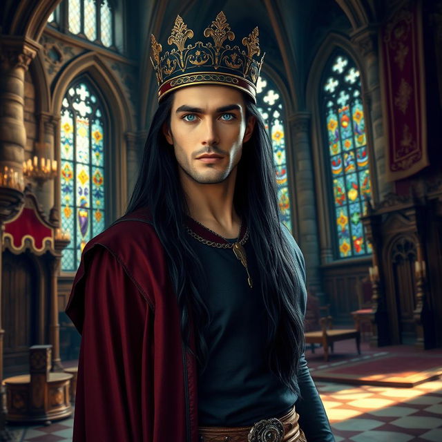 A handsome, powerful man with long black hair and striking lilac eyes, wearing an ornate crown