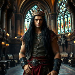 A handsome, powerful man with long black hair and striking lilac eyes, wearing an ornate crown