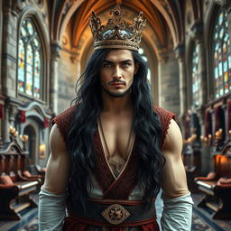 A handsome, powerful man with long black hair and striking lilac eyes, wearing an ornate crown