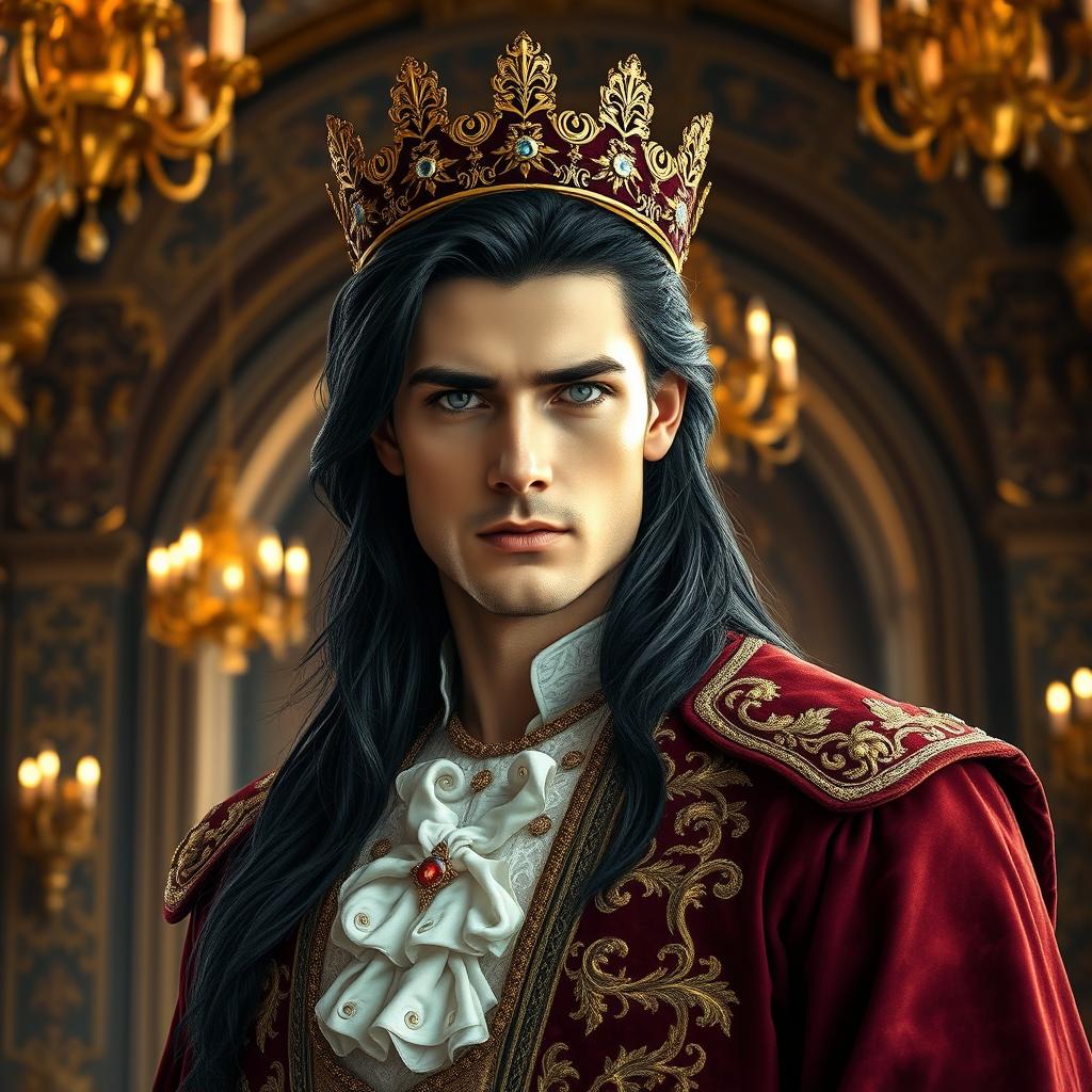 A handsome and powerful man with long black hair and striking lilac eyes, wearing an ornate crown, standing confidently in an opulent castle interior