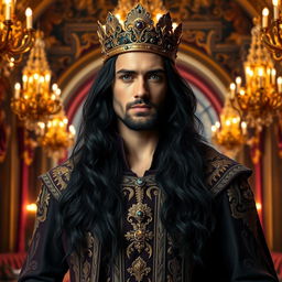 A handsome and powerful man with long black hair and striking lilac eyes, wearing an ornate crown, standing confidently in an opulent castle interior