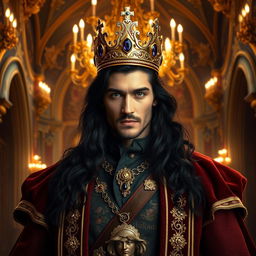 A handsome and powerful man with long black hair and striking lilac eyes, wearing an ornate crown, standing confidently in an opulent castle interior