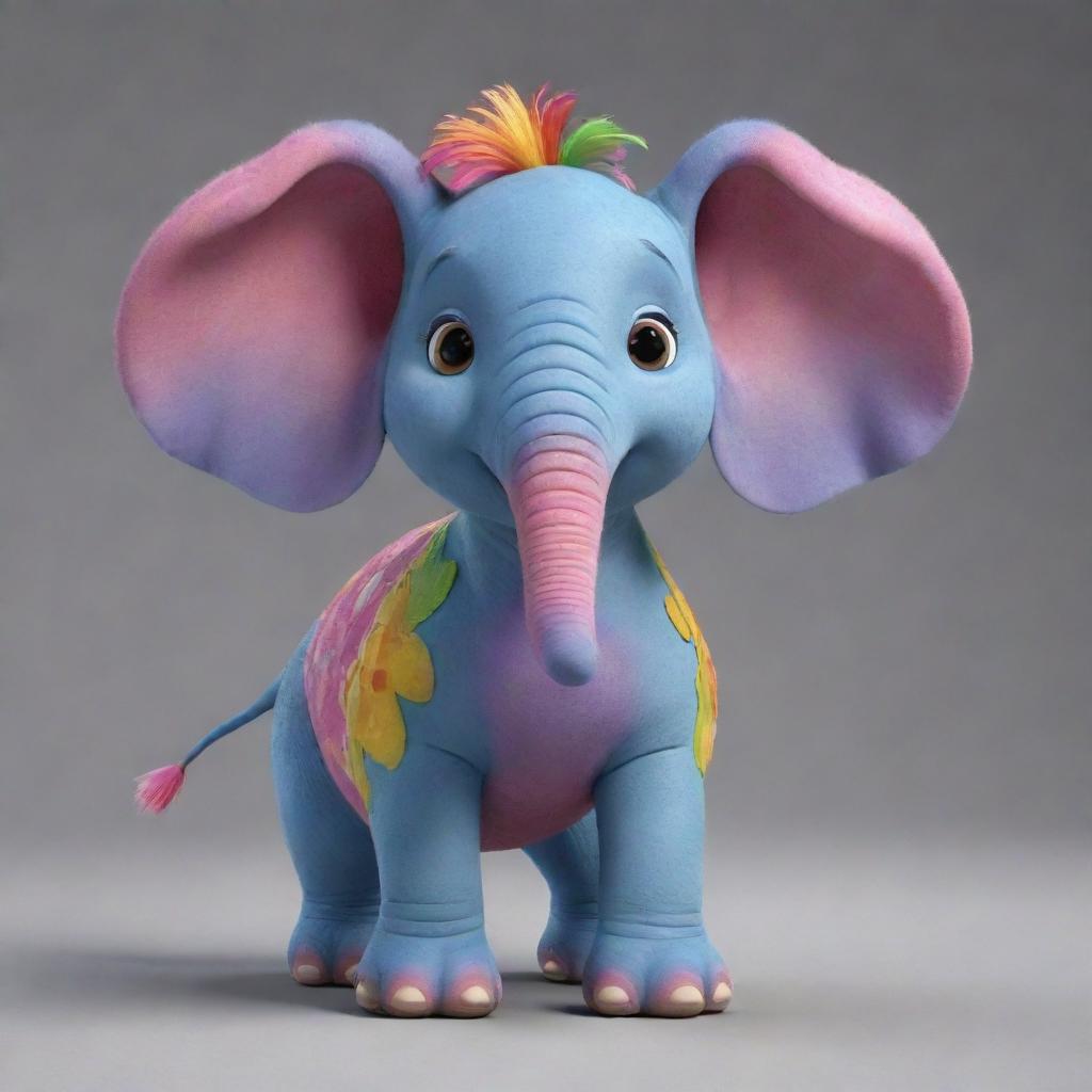 An endearing animated hybrid creature, blending the features of an elephant and a dog, with uniquely exaggerated and colorful traits.