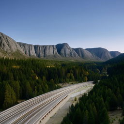 A long, smooth freeway cutting serenely through a landscape lined with a dense forest and colossal boulders.