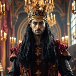 A handsome and powerful man with long black hair and striking lilac eyes, wearing an ornate crown, standing confidently in an opulent castle interior