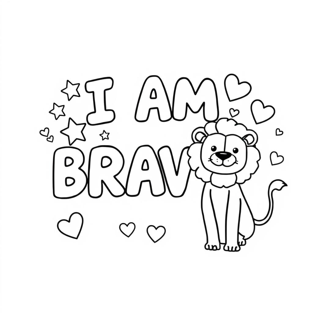 A simple, kid-friendly coloring page featuring the phrase 'I AM BRAVE' in large, bold letters at the center