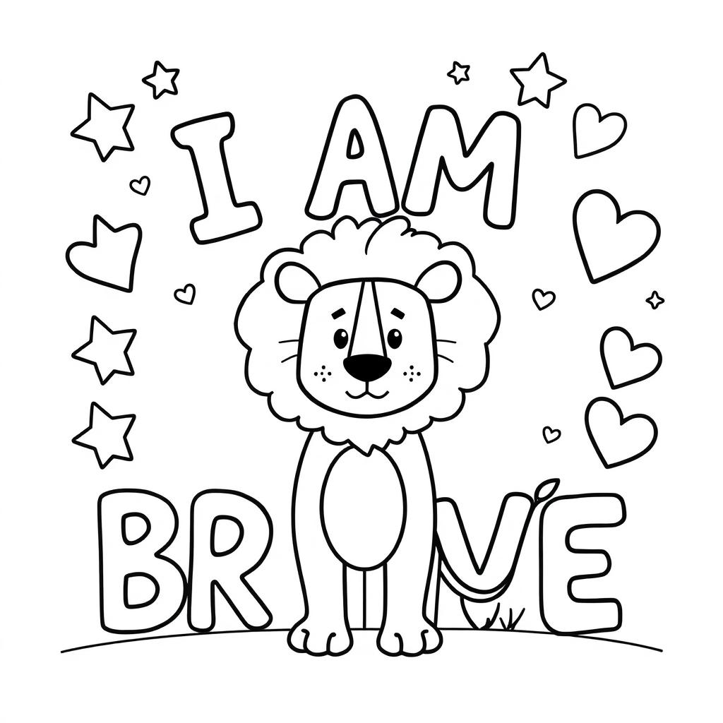 A simple, kid-friendly coloring page featuring the phrase 'I AM BRAVE' in large, bold letters at the center