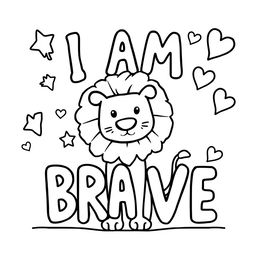 A simple, kid-friendly coloring page featuring the phrase 'I AM BRAVE' in large, bold letters at the center