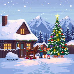 A charming winter evening scene in pixel art style, featuring a cozy private house with a snow-covered roof