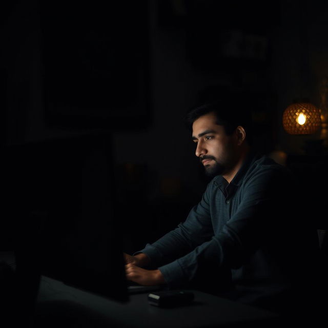 A man seated in a dark room in Iran, intently looking at a computer screen