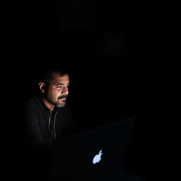 A man seated in a dark room in Iran, intently looking at a computer screen