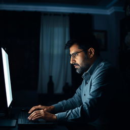 A man seated in a dark room in Iran, intently looking at a computer screen