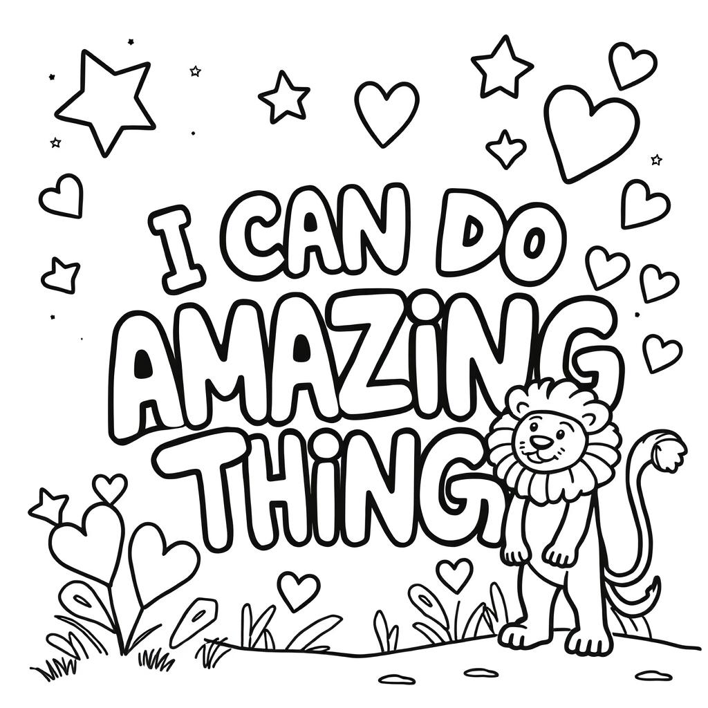 Create a simple, kid-friendly coloring page featuring the motivating phrase 'I CAN DO AMAZING THINGS' prominently in the center