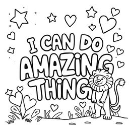 Create a simple, kid-friendly coloring page featuring the motivating phrase 'I CAN DO AMAZING THINGS' prominently in the center