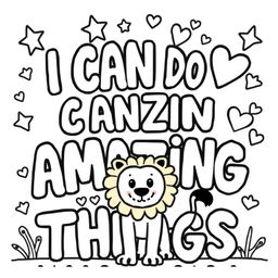 Create a simple, kid-friendly coloring page featuring the motivating phrase 'I CAN DO AMAZING THINGS' prominently in the center