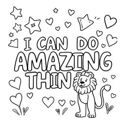 Create a simple, kid-friendly coloring page featuring the motivating phrase 'I CAN DO AMAZING THINGS' prominently in the center