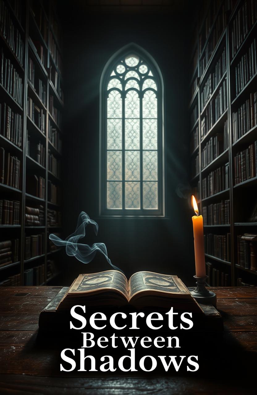 A mysterious book titled 'Secrets Between Shadows', set in a dimly lit library filled with ancient books