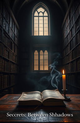 A mysterious book titled 'Secrets Between Shadows', set in a dimly lit library filled with ancient books