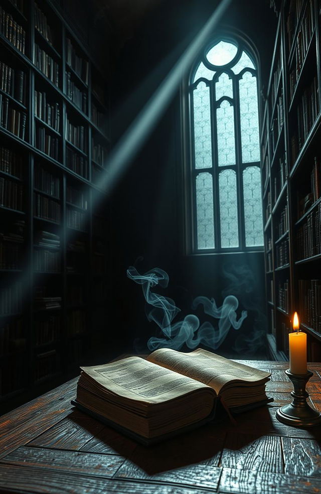 A mysterious book titled 'Secrets Between Shadows', set in a dimly lit library filled with ancient books