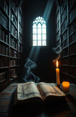 A mysterious book titled 'Secrets Between Shadows', set in a dimly lit library filled with ancient books