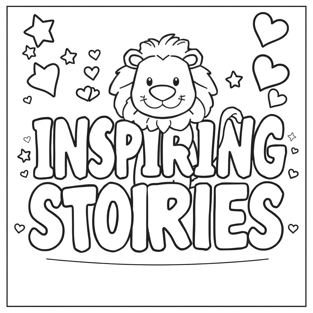 A kid-friendly coloring page featuring the phrase 'INSPIRING STORIES' in large, bold letters at the center