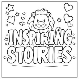 A kid-friendly coloring page featuring the phrase 'INSPIRING STORIES' in large, bold letters at the center