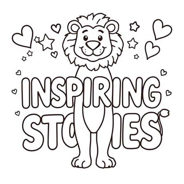 A kid-friendly coloring page featuring the phrase 'INSPIRING STORIES' in large, bold letters at the center