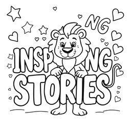 A kid-friendly coloring page featuring the phrase 'INSPIRING STORIES' in large, bold letters at the center