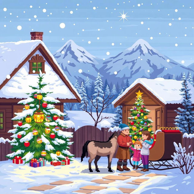 A festive winter scene in pixel art style, depicting a cozy snow-covered house next to another wooden cabin