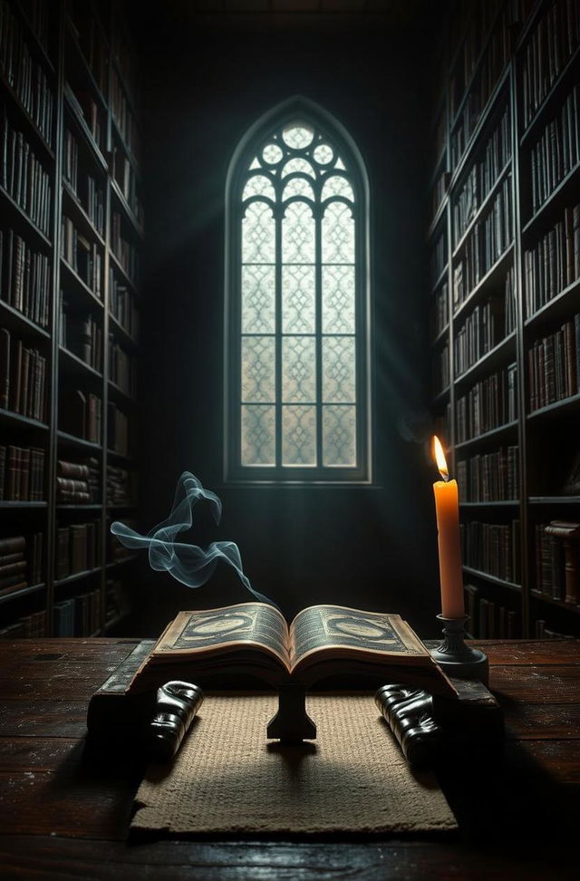 An enchanting library filled with towering bookshelves lined with ancient books