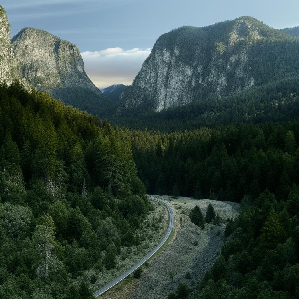 A long, smooth freeway cutting serenely through a landscape lined with a dense forest and colossal boulders.