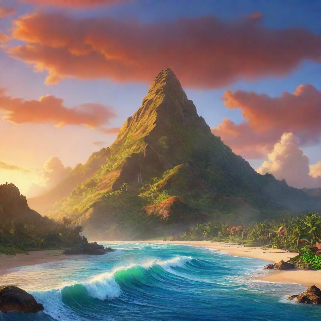 A vibrant, animated illustration of the iconic mountain in the Moana movie. The mountain should appear mystical and awe-inspiring, glowing with the warm hues of a Pacific sunset.