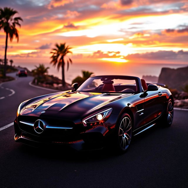 A stunning black Mercedes-Benz sports car parked on a scenic coastal road with breathtaking ocean views in the background