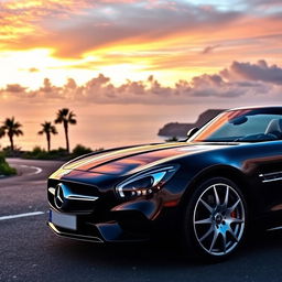 A stunning black Mercedes-Benz sports car parked on a scenic coastal road with breathtaking ocean views in the background