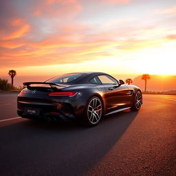 A stunning black Mercedes-Benz sports car parked on a scenic coastal road with breathtaking ocean views in the background