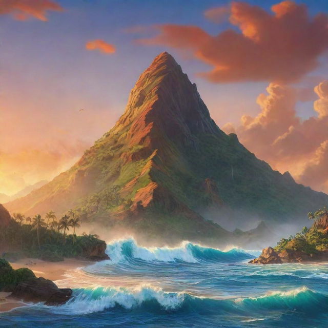 A vibrant, animated illustration of the iconic mountain in the Moana movie. The mountain should appear mystical and awe-inspiring, glowing with the warm hues of a Pacific sunset.