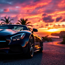 A stunning black Mercedes-Benz sports car parked on a scenic coastal road with breathtaking ocean views in the background