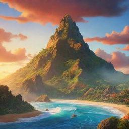 A vibrant, animated illustration of the iconic mountain in the Moana movie. The mountain should appear mystical and awe-inspiring, glowing with the warm hues of a Pacific sunset.