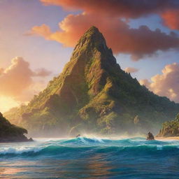 A vibrant, animated illustration of the iconic mountain in the Moana movie. The mountain should appear mystical and awe-inspiring, glowing with the warm hues of a Pacific sunset.