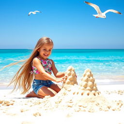 A young girl playing on a sunny beach, building a sandcastle with joy