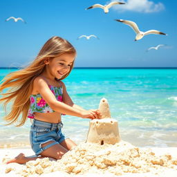 A young girl playing on a sunny beach, building a sandcastle with joy