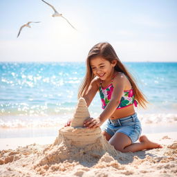 A young girl playing on a sunny beach, building a sandcastle with joy