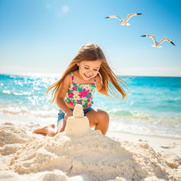 A young girl playing on a sunny beach, building a sandcastle with joy