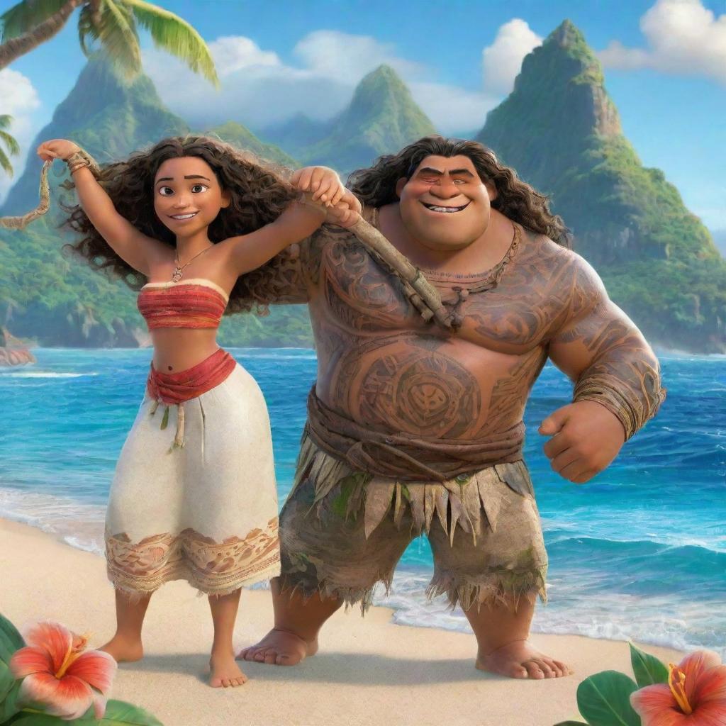 A lively and colourful scene from the animated Moana movie, showcasing the main characters, Moana and Maui, on their oceanic journey with tropical scenery in the background.