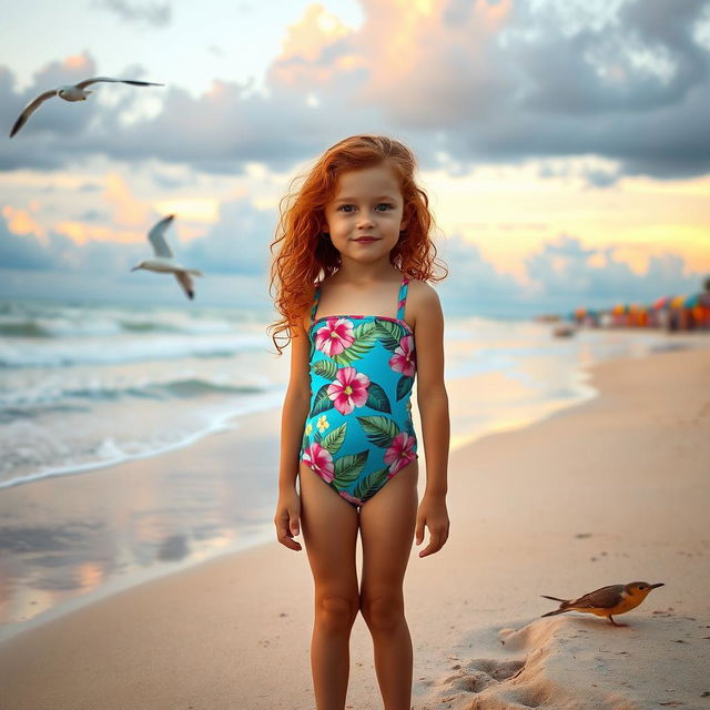 A young girl standing at the water's edge on a sandy beach during sunset