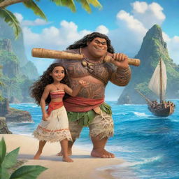 A lively and colourful scene from the animated Moana movie, showcasing the main characters, Moana and Maui, on their oceanic journey with tropical scenery in the background.