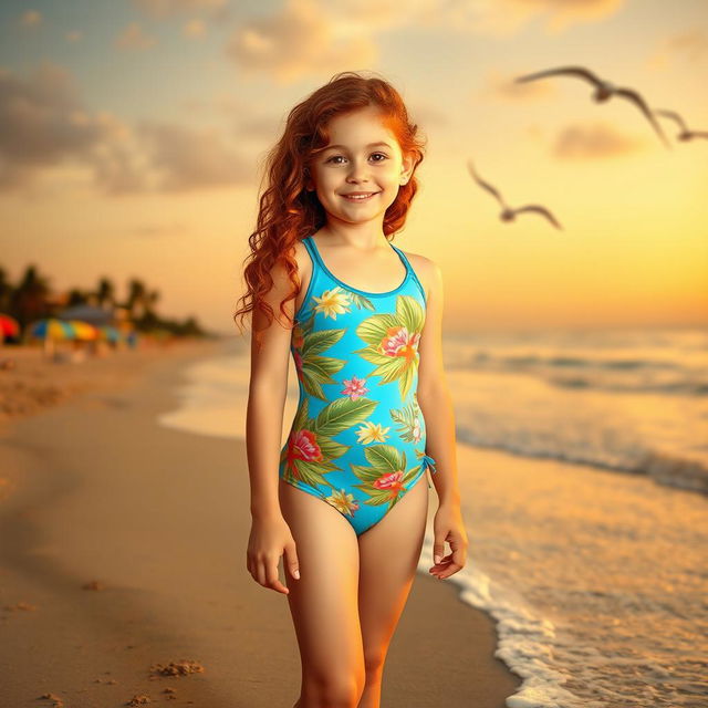 A young girl standing at the water's edge on a sandy beach during sunset