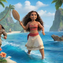 A lively and colourful scene from the animated Moana movie, showcasing the main characters, Moana and Maui, on their oceanic journey with tropical scenery in the background.