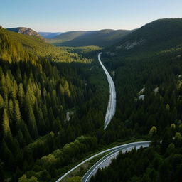 A long, smooth freeway cutting serenely through a landscape lined with a dense forest and colossal boulders.