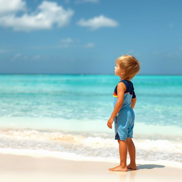 A young boy standing on the sandy shore of a tropical beach, gazing out at the horizon with a sense of wonder and freedom